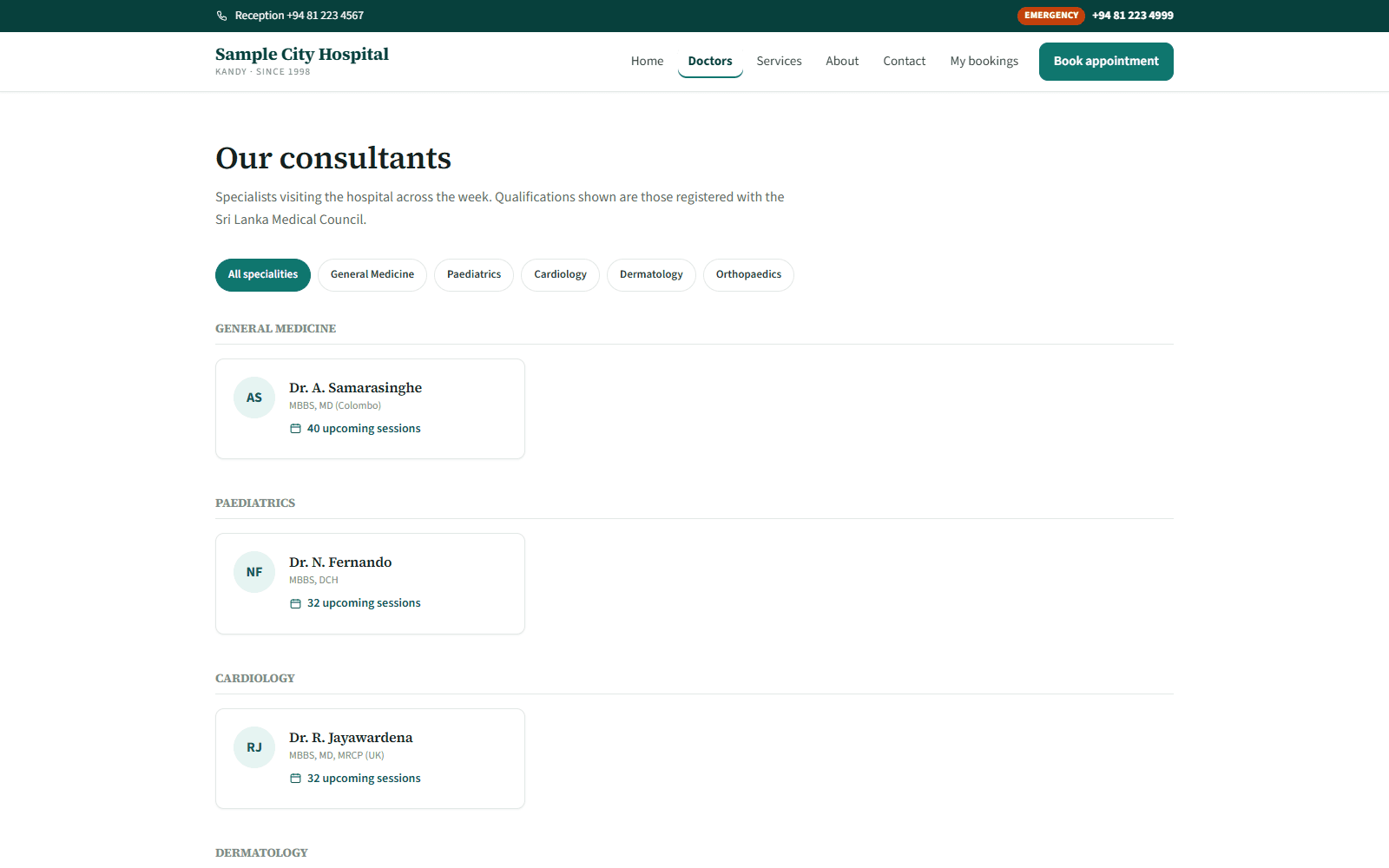 Consultant directory grouped by speciality